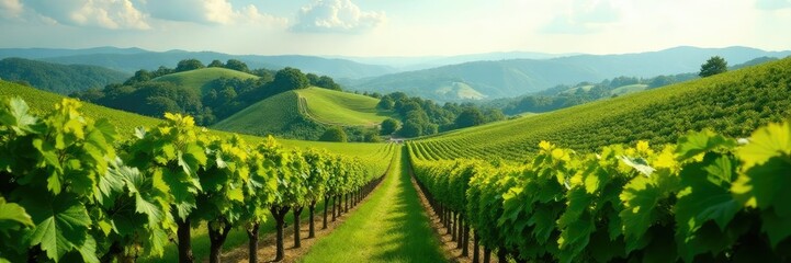Naklejka premium Rolling hills of vineyards with rows of grapevines swaying gently, hills, wind