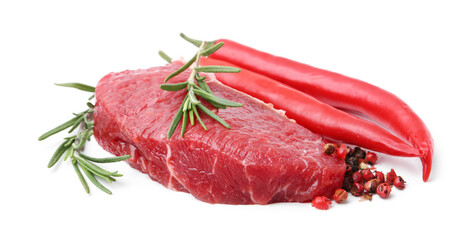 Piece of raw beef meat and spices isolated on white