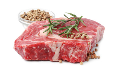 Piece of raw beef meat and spices isolated on white