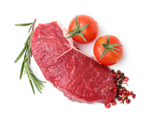Piece of raw beef meat, rosemary, peppercorns and tomatoes isolated on white, top view
