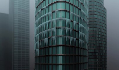 Obraz premium Blocks of ice hang from the exterior of a skyscraper after a rainfall, showcasing winter's chill in a vibrant urban setting