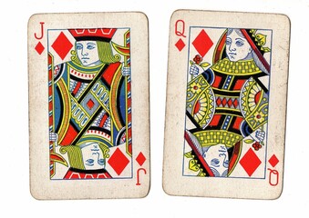 A blackjack or pontoon hand of vintage playing cards on a white background.