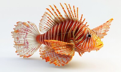 Red lionfish with striped fins swimming on white background