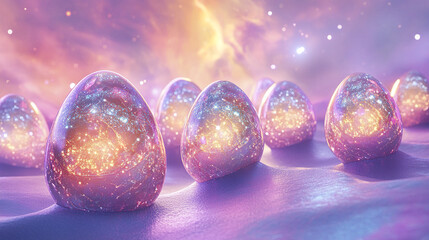 Futuristic Easter eggs with glowing holographic patterns in cosmic setting