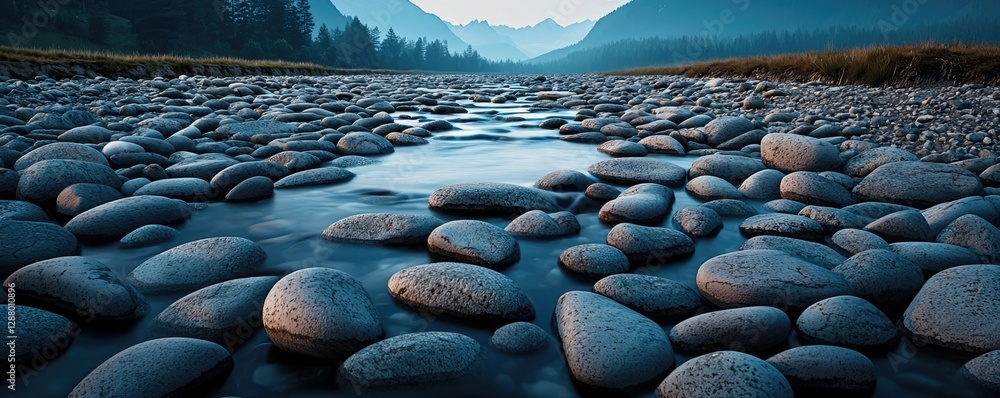 Poster weathering process idea. a serene view of smooth stones lining a tranquil stream in a mountainous la