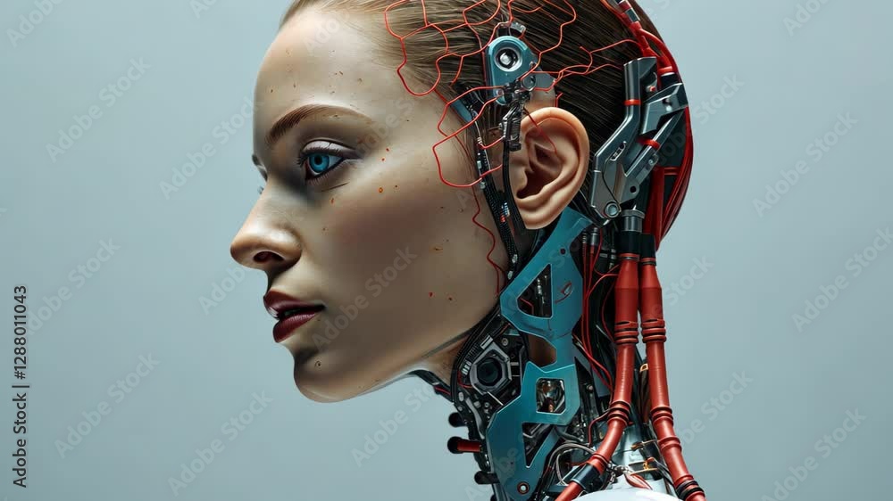 Poster an advanced ai robot with humanlike features in a modern, minimalistic environment, showcasing techn