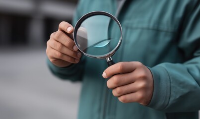 A hand holds a magnifying glass, highlighting fine details under bright lighting with a clear background