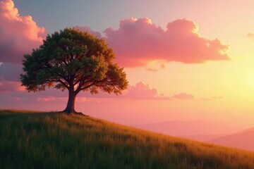 Fototapeta premium Soft pink clouds float above a lone tree in warm sunset hues, golden light, serene