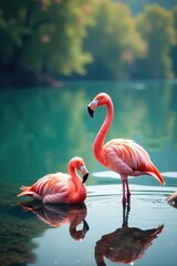 Fototapeta premium Soft pink flamingos rest on serene lake shore, flora, water
