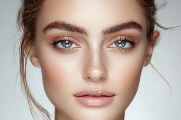 Obraz premium The image features a stunning young model with healthy, fresh skin in a close-up portrait, isolated on a white background, showcasing beauty and spa treatments