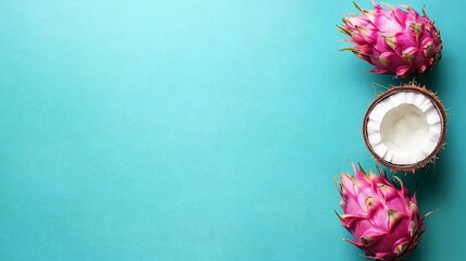 Tropical fruits on teal background;  summer food blog; recipe