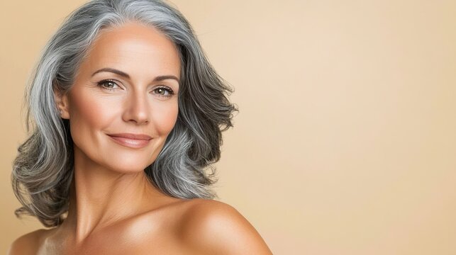 The image features a 60-year-old European woman with gray hair and understated makeup, posed on a neutral background that leaves room for text, symbolizing the concept of natural beauty and skincare
