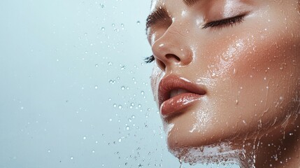 The face of a peaceful woman is depicted with water splashing around her in a harmonious manner, symbolizing natural skin care and beauty