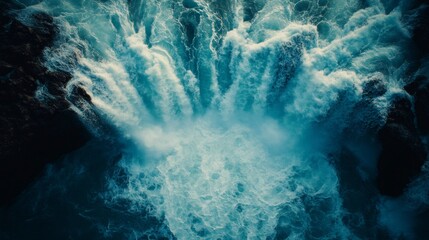 Waterfall cascading into turquoise blue pool, creating whitewater rapids