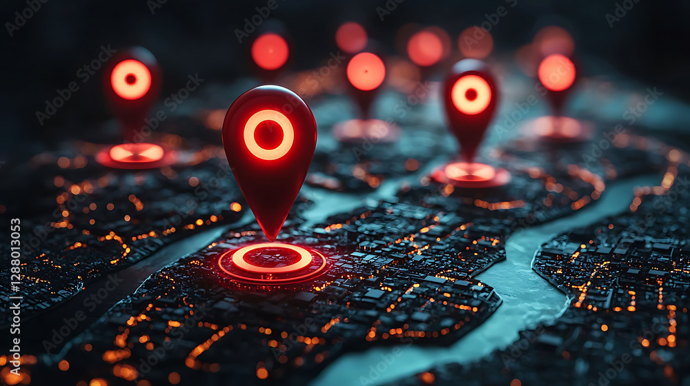 Poster stunning 3d render of glowing red location markers on a futuristic city map. ideal for tech, navigat