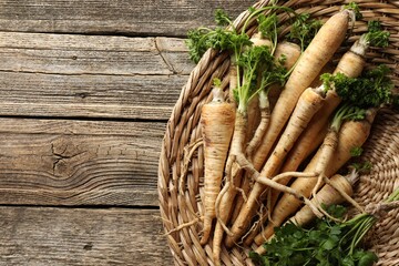 Raw parsley roots with leaves on wooden table, top view. Space for text
