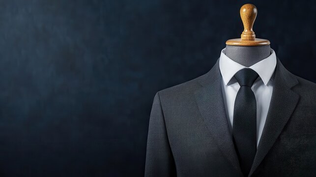 Professional mannequin displaying a gray suit and tie in a studio environment focusing on fashion and elegance