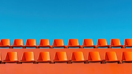 Naklejka premium Sunlit empty orange stadium seats against a vivid blue sky, capturing a peaceful yet energetic sports atmosphere.
