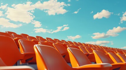 Naklejka premium Sunlit empty orange stadium seats against a vivid blue sky, capturing a peaceful yet energetic sports atmosphere.