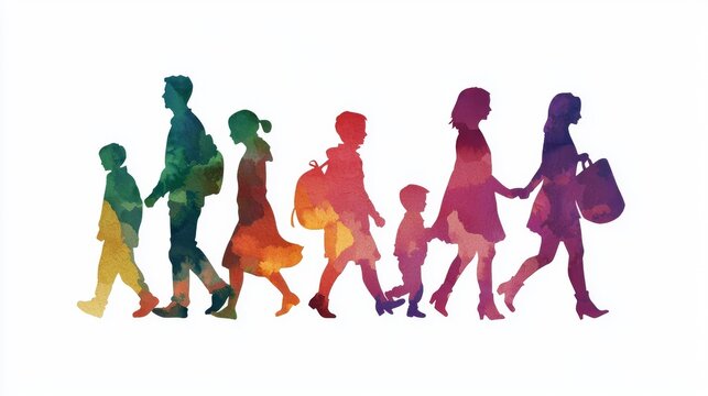 The depiction of generational diversity is achieved through the use of colorful upper body silhouettes