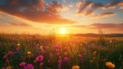 Obraz premium serene meadow with rolling hills, dotted with wildflowers, under a golden sunset, Generative AI