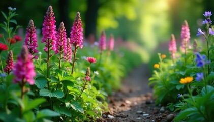 Vipers bugloss flowers blooming on a garden path amidst overgrown vegetation, overgrowth, botanicals, vipers bugloss