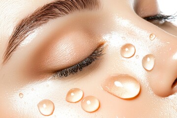 Fototapeta premium A close-up portrait of a female's face emphasizes the importance of hydrating skin care using a cosmetic serum product