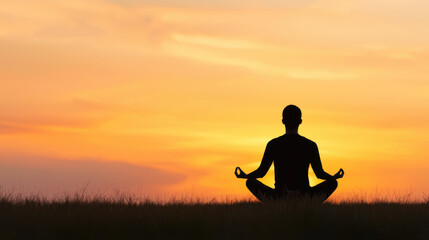 Meditating silhouette at sunset, surrounded by nature tranquility