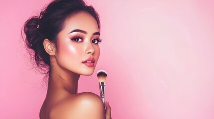 The image depicts a closeup of a Korean woman or fashion model using a makeup brush to apply her cosmetics, symbolizing beauty salon and makeup parlour ideas