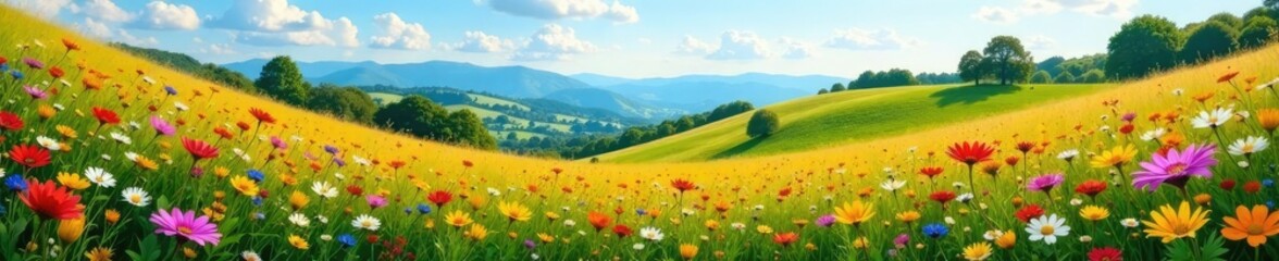 Fototapeta premium A carpet of colorful wildflowers covers the rolling hills, wildflowers, natural scenery,