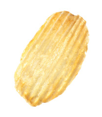 One tasty ridged potato chip in air isolated on white