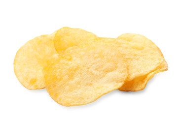 Pile of tasty potato chips isolated on white