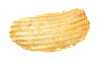 One tasty ridged potato chip in air isolated on white