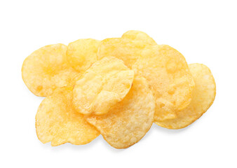 Pile of tasty potato chips isolated on white