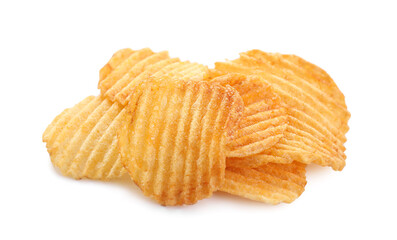 Pile of tasty ridged potato chips isolated on white