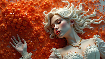 A luminous woman in delicate lace rests amid surreal orange blooms, her serene expression evoking a dreamlike elegance. A hypnotic fusion of fantasy, fine art, and poetic beauty.