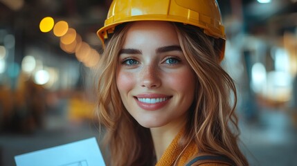 Smiling female architect holding blueprint wearing yellow hard hat in construction site
