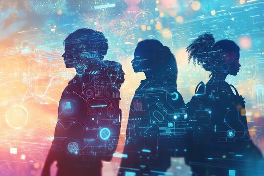 A dynamic vector featuring silhouettes of students and futuristic technology integrated into a STEAM learning environment.