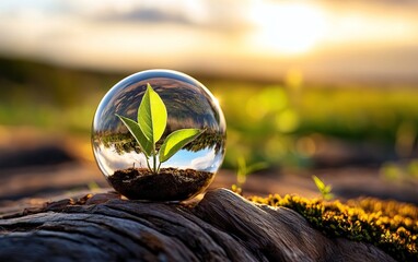 Fototapeta premium A clear glass sphere showcases a small green plant inside, resting on a log, with a vibrant sunset illuminating the backdrop.