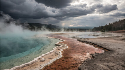 Breathtaking geothermal landscape with vibrant colors and steam