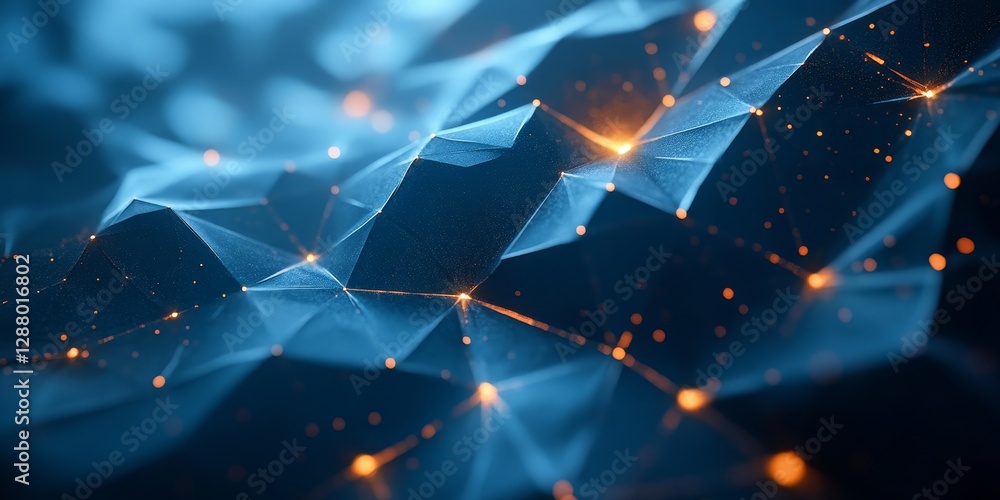 Poster abstract digital art of overlapping hexagonal shapes and glowing points in blue tones, generative ai