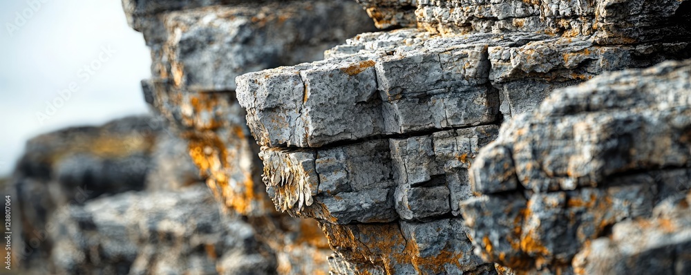 Poster Weathering process idea. Close-up view of textured rock formations with natural colors and patterns.
