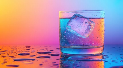 Transparent glasses with ice-cold water, condensation on glass, placed on a vivid multicolor background.