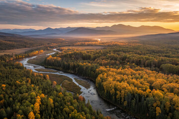 Fototapeta premium Breathtaking autumn landscape with river and mountains at sunset