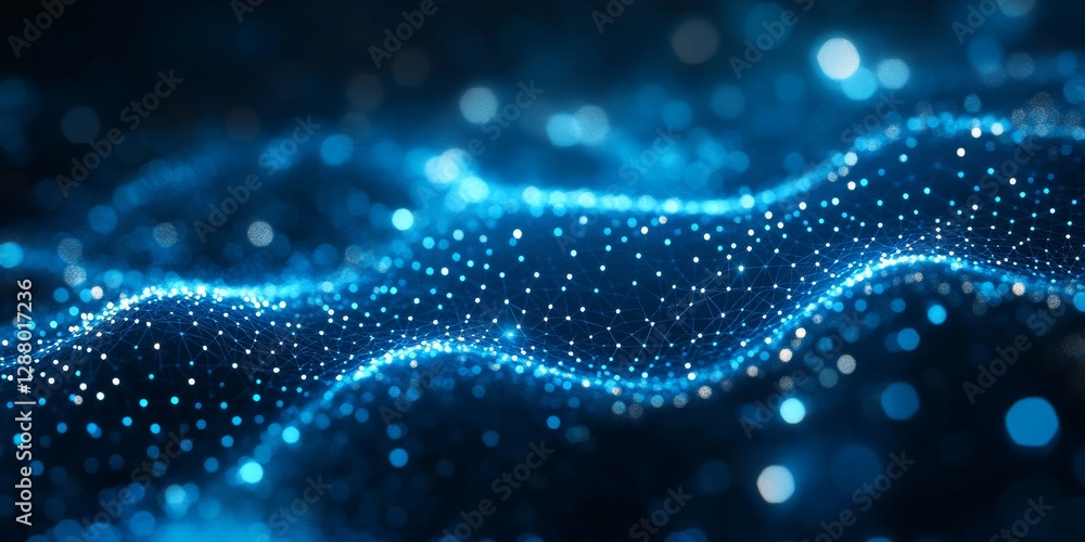 Poster abstract digital art of overlapping hexagonal shapes and glowing points in blue tones, generative ai