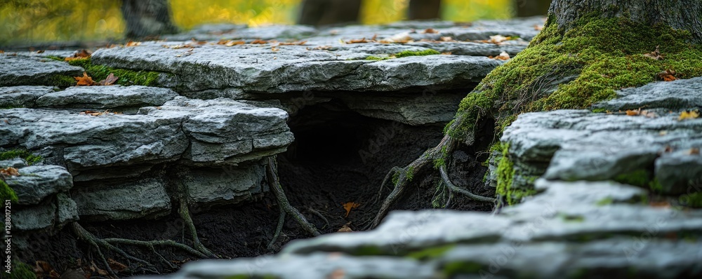 Poster weathering process idea. an intriguing view of moss-covered rocks and exposed tree roots in a serene