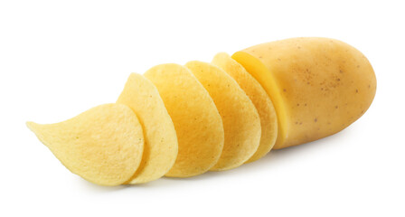 Tasty chips and sliced raw potato isolated on white