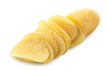 Tasty chips and sliced raw potato isolated on white