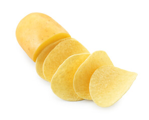 Tasty chips and sliced raw potato isolated on white, top view