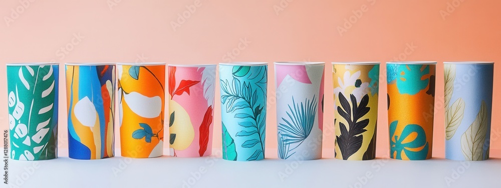 Poster colorful collection of vibrantly designed paper cups with floral and abstract patterns on a soft bac